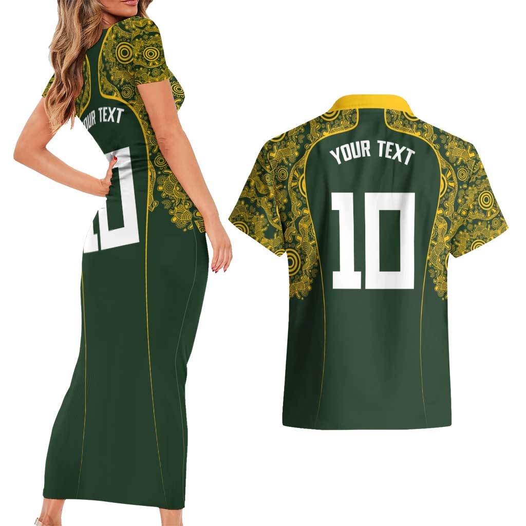 Australia Rugby Custom Couples Matching Short Sleeve Bodycon Dress and Hawaiian Shirt Aboriginal Art Sporty Style - Aussie Hoodie