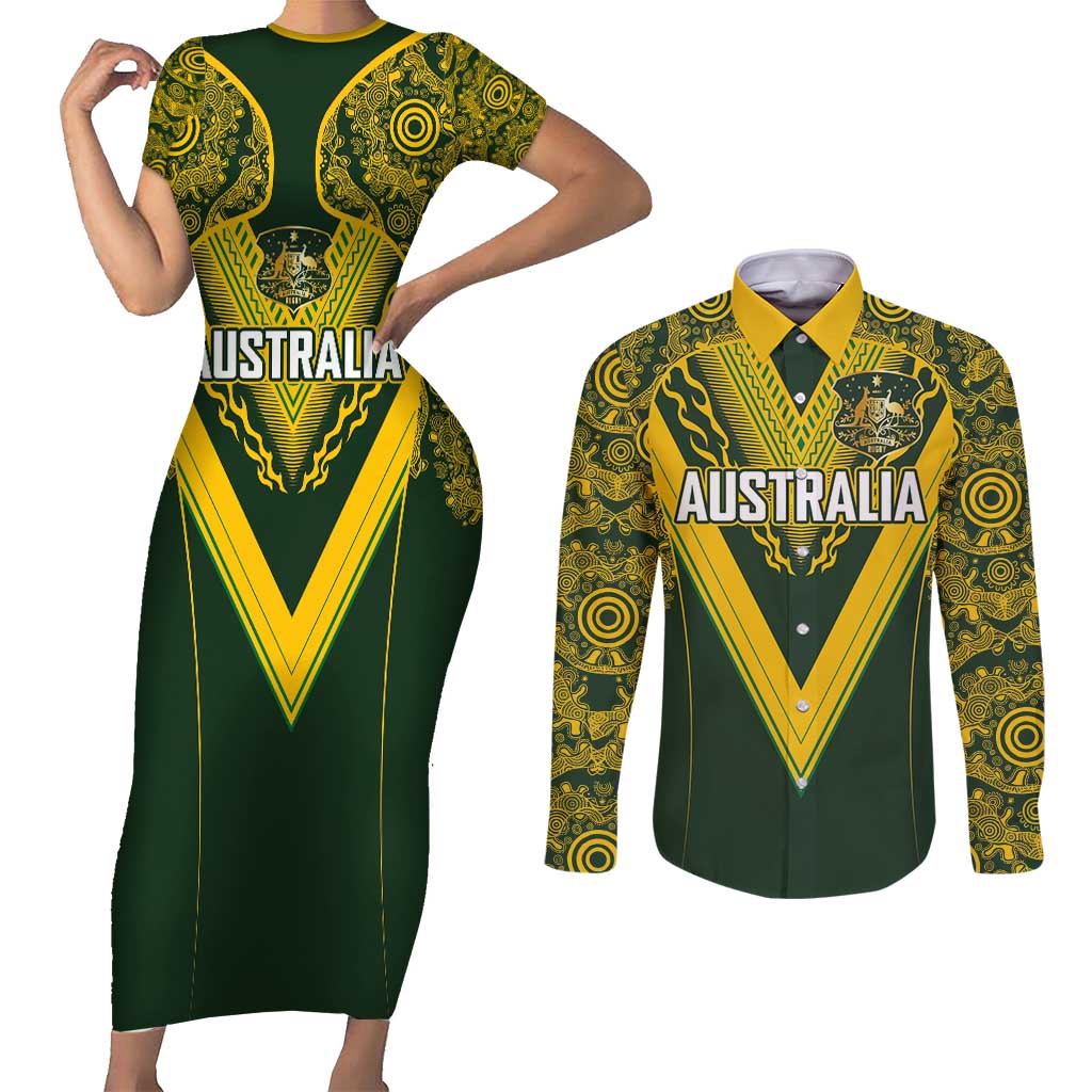 Australia Rugby Custom Couples Matching Short Sleeve Bodycon Dress and Long Sleeve Button Shirt Aboriginal Art Sporty Style - Aussie Hoodie
