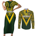 Australia Rugby Custom Couples Matching Short Sleeve Bodycon Dress and Long Sleeve Button Shirt Aboriginal Art Sporty Style - Aussie Hoodie