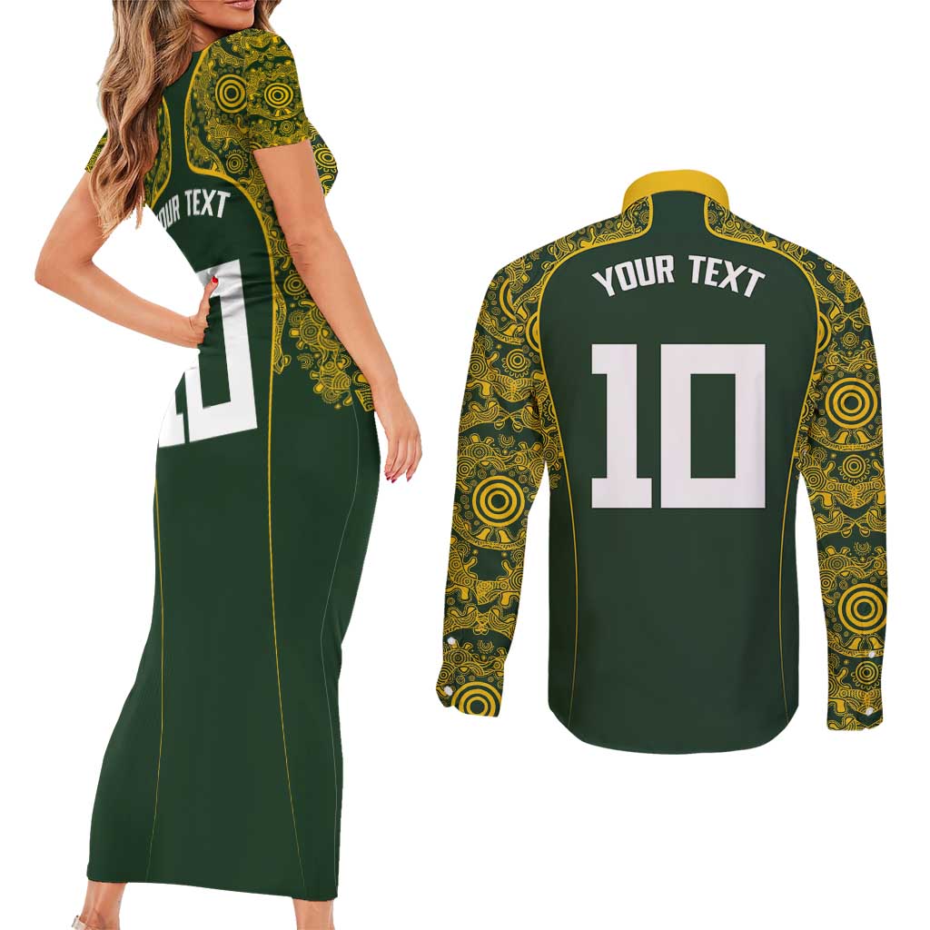 Australia Rugby Custom Couples Matching Short Sleeve Bodycon Dress and Long Sleeve Button Shirt Aboriginal Art Sporty Style - Aussie Hoodie