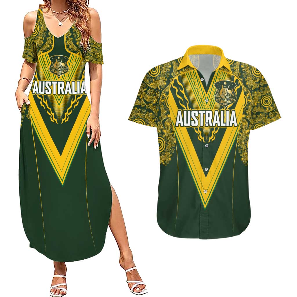 Australia Rugby Custom Couples Matching Summer Maxi Dress and Hawaiian Shirt Aboriginal Art Sporty Style - Aussie Hoodie