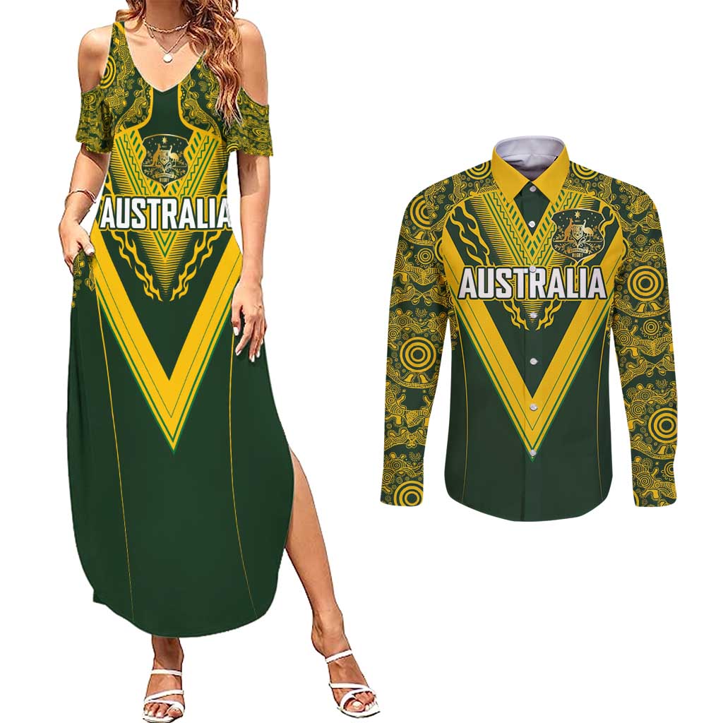 Australia Rugby Custom Couples Matching Summer Maxi Dress and Long Sleeve Button Shirt Aboriginal Art Sporty Style - Aussie Hoodie