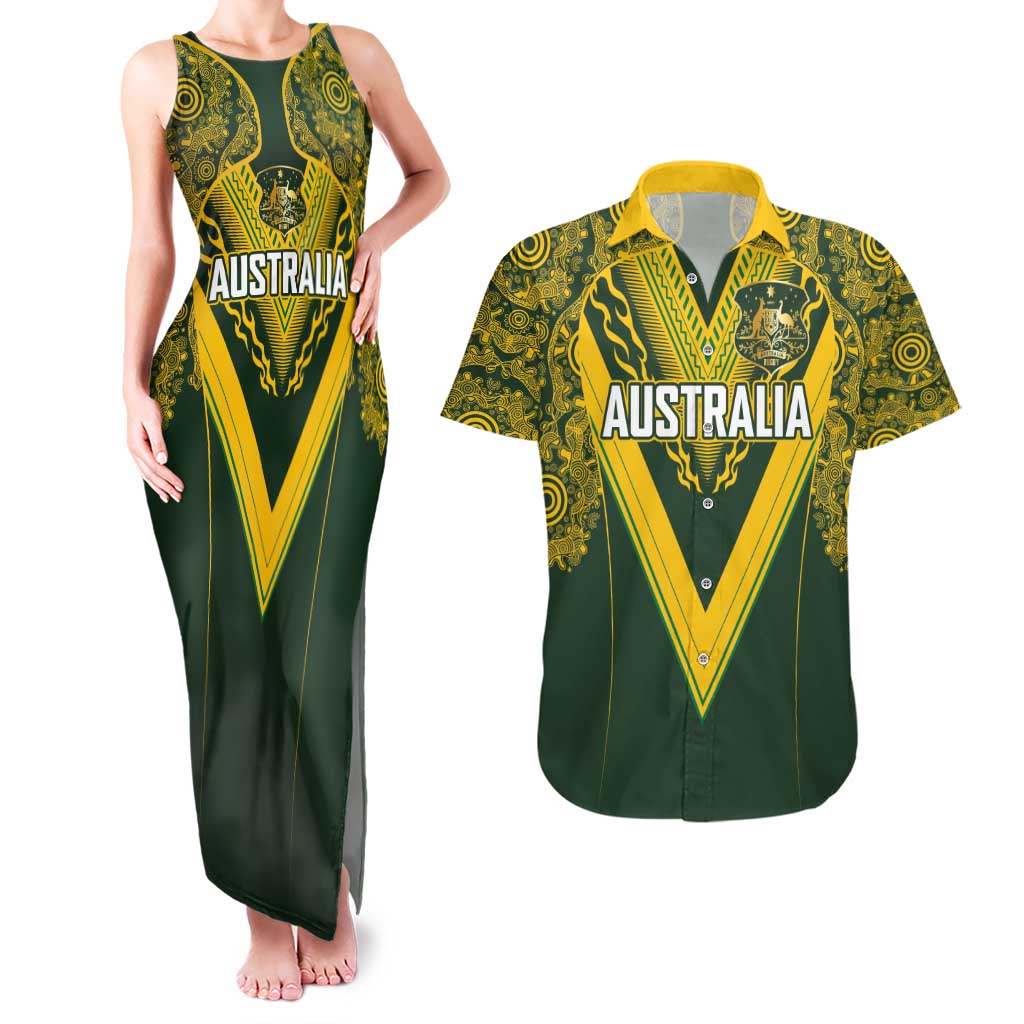 Australia Rugby Custom Couples Matching Tank Maxi Dress and Hawaiian Shirt Aboriginal Art Sporty Style - Aussie Hoodie