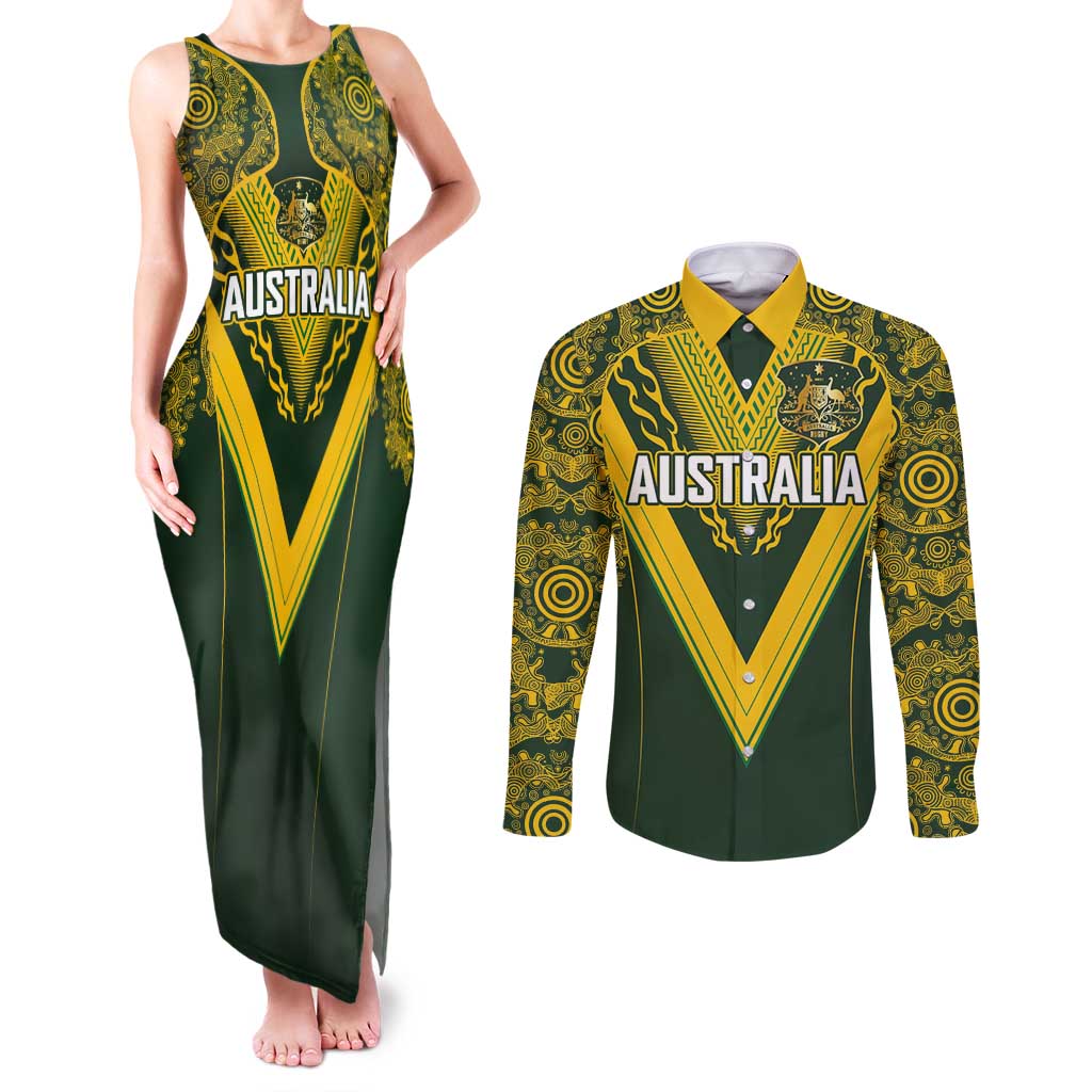 Australia Rugby Custom Couples Matching Tank Maxi Dress and Long Sleeve Button Shirt Aboriginal Art Sporty Style - Aussie Hoodie