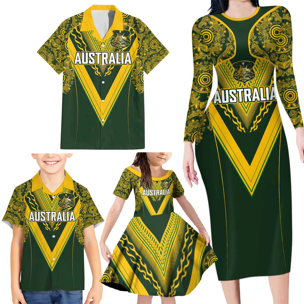 Australia Rugby Custom Family Matching Long Sleeve Bodycon Dress and Hawaiian Shirt Aboriginal Art Sporty Style - Aussie Hoodie