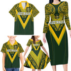 Australia Rugby Custom Family Matching Long Sleeve Bodycon Dress and Hawaiian Shirt Aboriginal Art Sporty Style - Aussie Hoodie
