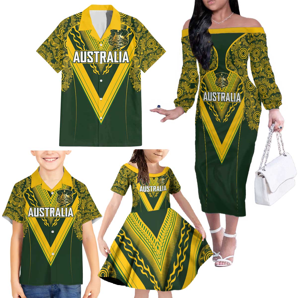 Australia Rugby Custom Family Matching Off The Shoulder Long Sleeve Dress and Hawaiian Shirt Aboriginal Art Sporty Style - Aussie Hoodie