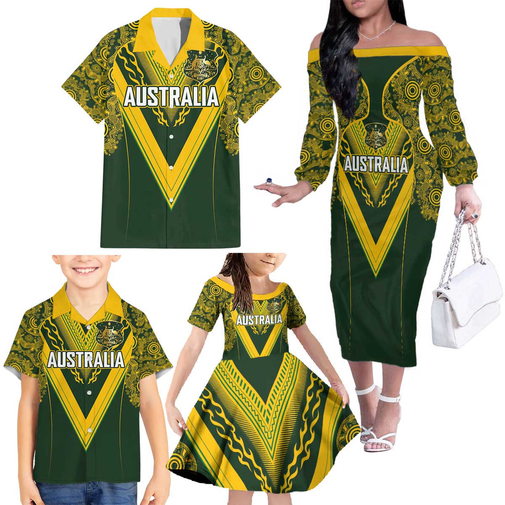 Australia Rugby Custom Family Matching Off The Shoulder Long Sleeve Dress and Hawaiian Shirt Aboriginal Art Sporty Style - Aussie Hoodie