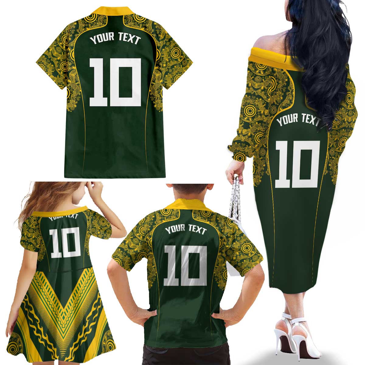 Australia Rugby Custom Family Matching Off The Shoulder Long Sleeve Dress and Hawaiian Shirt Aboriginal Art Sporty Style - Aussie Hoodie