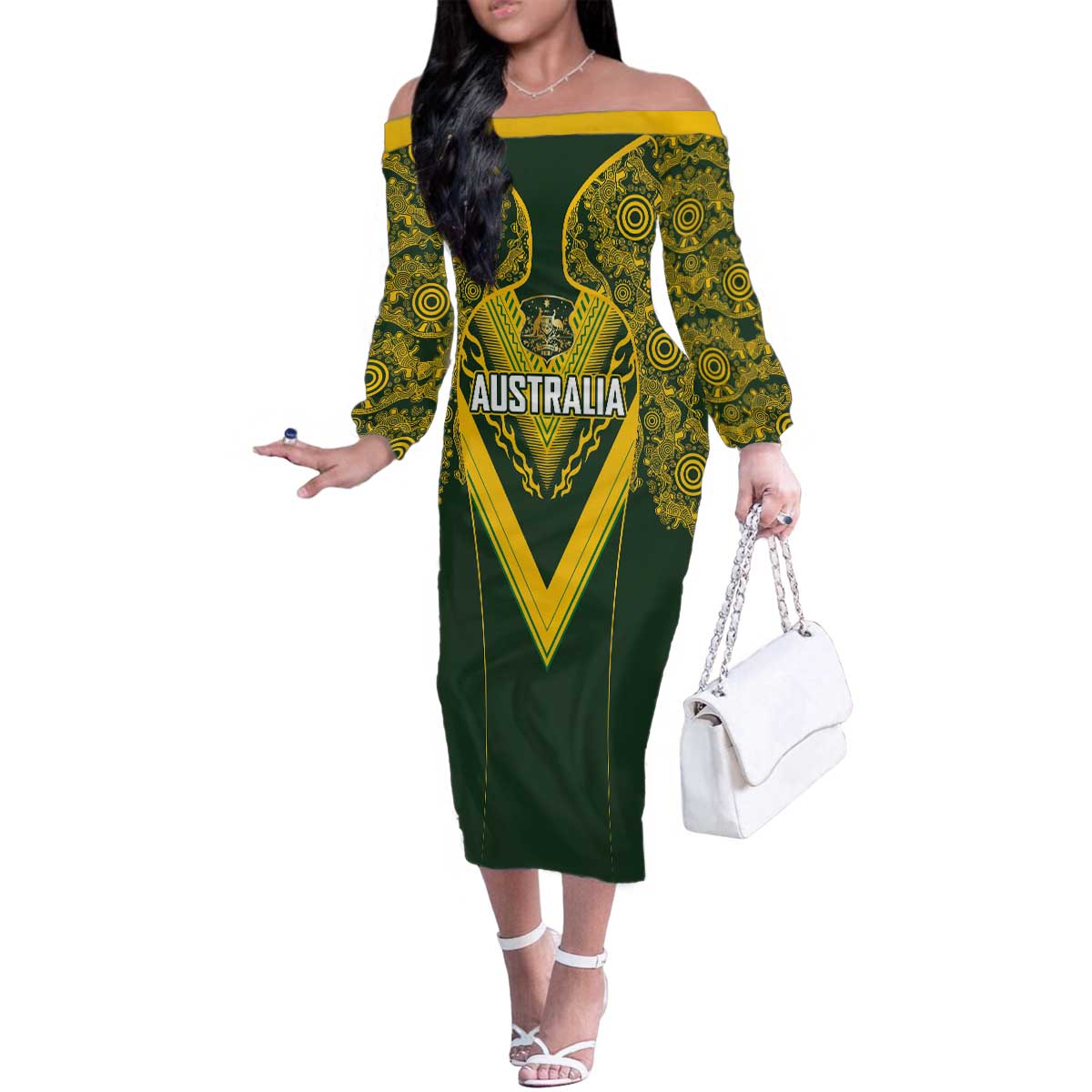 Australia Rugby Custom Family Matching Off The Shoulder Long Sleeve Dress and Hawaiian Shirt Aboriginal Art Sporty Style - Aussie Hoodie