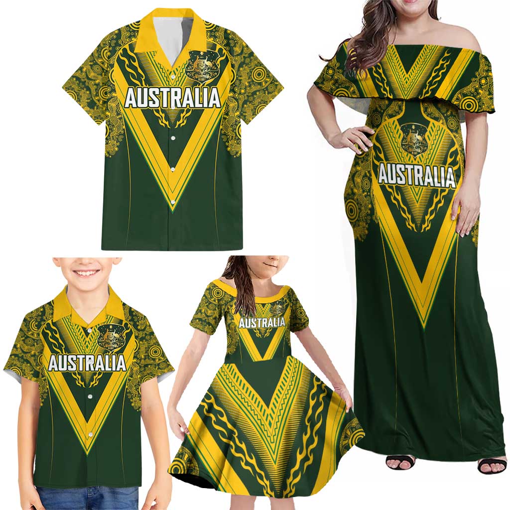 Australia Rugby Custom Family Matching Off Shoulder Maxi Dress and Hawaiian Shirt Aboriginal Art Sporty Style - Aussie Hoodie
