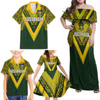 Australia Rugby Custom Family Matching Off Shoulder Maxi Dress and Hawaiian Shirt Aboriginal Art Sporty Style - Aussie Hoodie