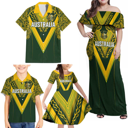 Australia Rugby Custom Family Matching Off Shoulder Maxi Dress and Hawaiian Shirt Aboriginal Art Sporty Style - Aussie Hoodie