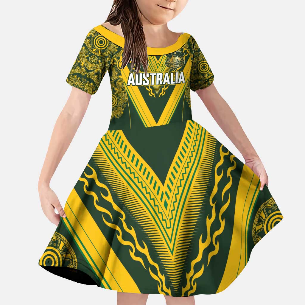 Australia Rugby Custom Family Matching Off Shoulder Maxi Dress and Hawaiian Shirt Aboriginal Art Sporty Style - Aussie Hoodie