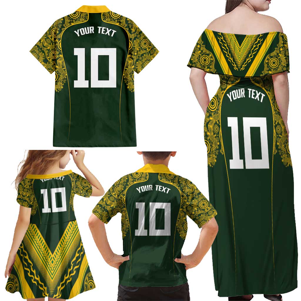 Australia Rugby Custom Family Matching Off Shoulder Maxi Dress and Hawaiian Shirt Aboriginal Art Sporty Style - Aussie Hoodie
