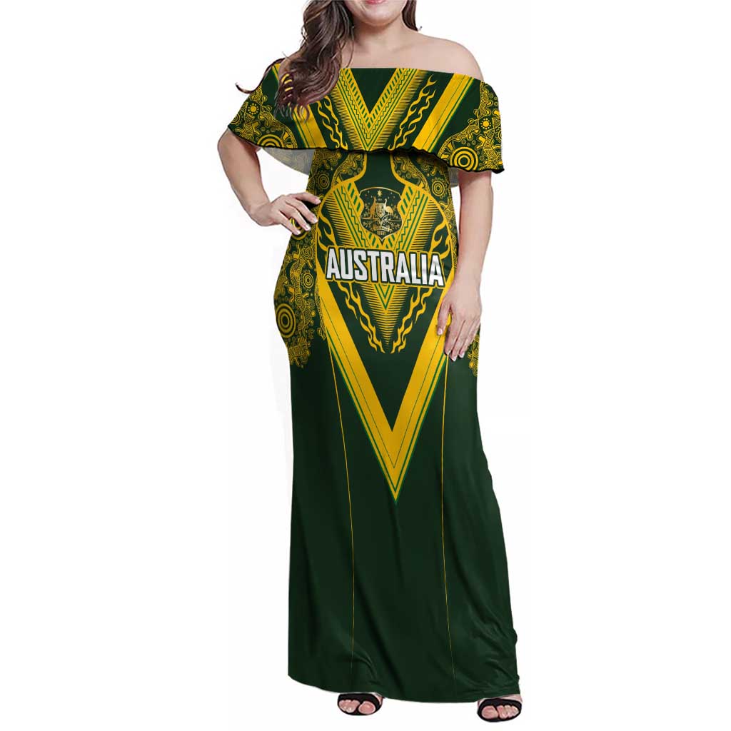 Australia Rugby Custom Family Matching Off Shoulder Maxi Dress and Hawaiian Shirt Aboriginal Art Sporty Style - Aussie Hoodie
