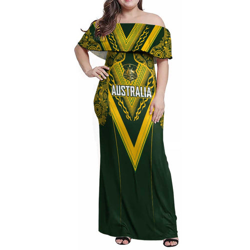 Australia Rugby Custom Family Matching Off Shoulder Maxi Dress and Hawaiian Shirt Aboriginal Art Sporty Style - Aussie Hoodie