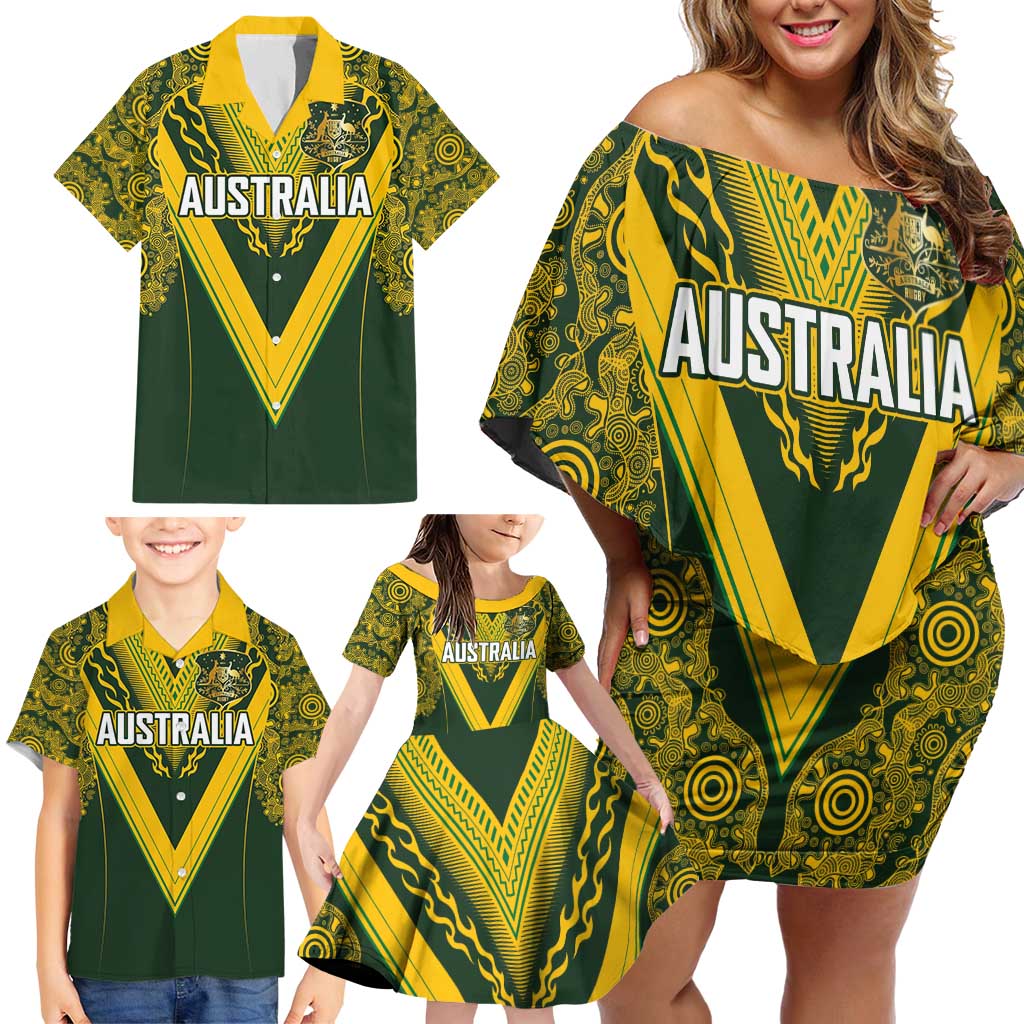 Australia Rugby Custom Family Matching Off Shoulder Short Dress and Hawaiian Shirt Aboriginal Art Sporty Style - Aussie Hoodie