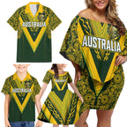 Australia Rugby Custom Family Matching Off Shoulder Short Dress and Hawaiian Shirt Aboriginal Art Sporty Style - Aussie Hoodie
