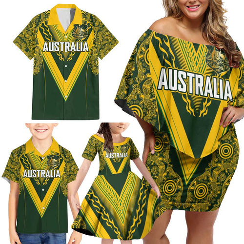 Australia Rugby Custom Family Matching Off Shoulder Short Dress and Hawaiian Shirt Aboriginal Art Sporty Style - Aussie Hoodie