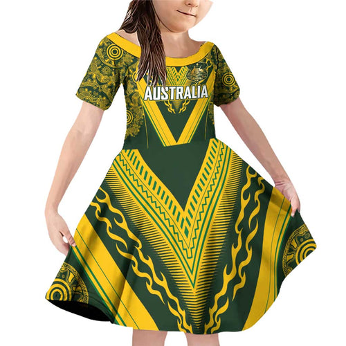 Australia Rugby Custom Family Matching Off Shoulder Short Dress and Hawaiian Shirt Aboriginal Art Sporty Style - Aussie Hoodie