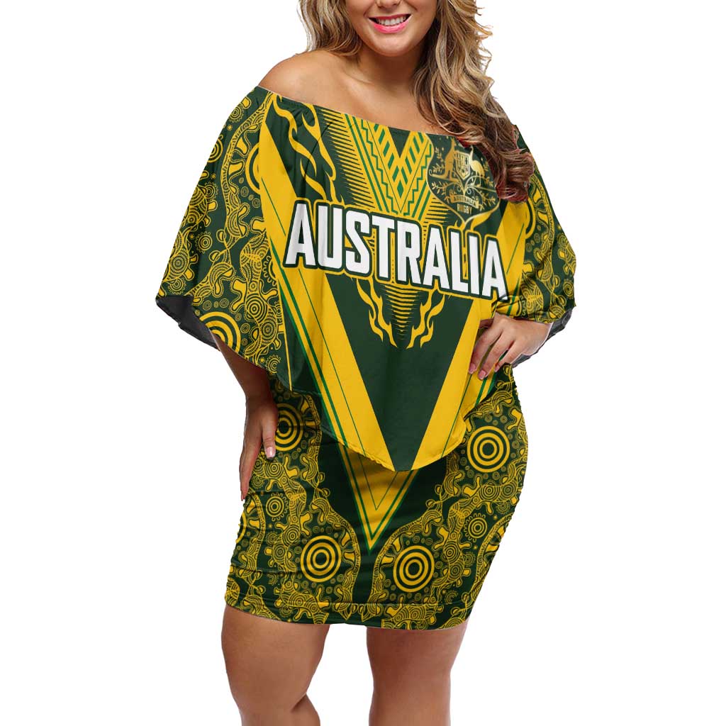 Australia Rugby Custom Family Matching Off Shoulder Short Dress and Hawaiian Shirt Aboriginal Art Sporty Style - Aussie Hoodie