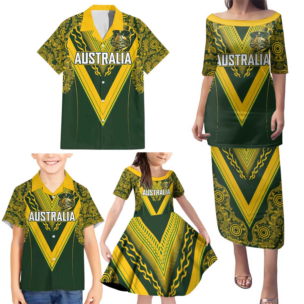 Australia Rugby Custom Family Matching Puletasi and Hawaiian Shirt Aboriginal Art Sporty Style - Aussie Hoodie