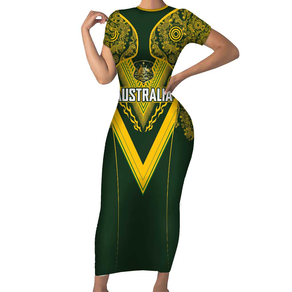 Australia Rugby Custom Family Matching Short Sleeve Bodycon Dress and Hawaiian Shirt Aboriginal Art Sporty Style - Aussie Hoodie