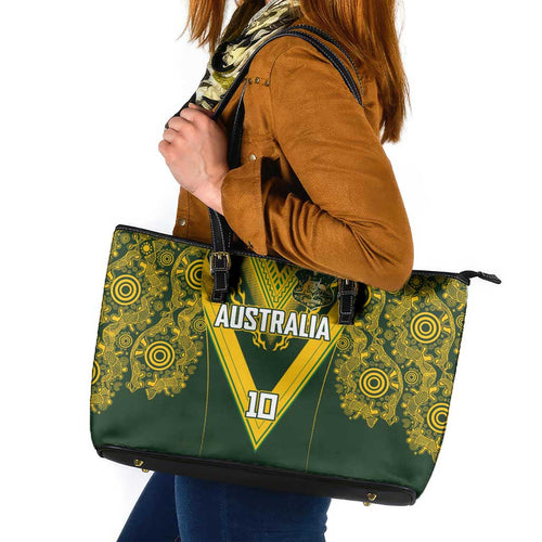 Australia Rugby Custom Leather Tote Bag Aboriginal Art Sporty Style - Aussie Hoodie