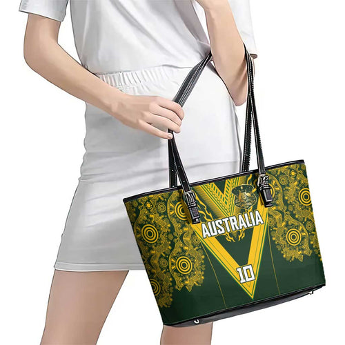 Australia Rugby Custom Leather Tote Bag Aboriginal Art Sporty Style - Aussie Hoodie
