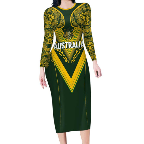 Australia Rugby Custom Long Sleeve Bodycon Dress Aboriginal Art Sporty Style - Aussie Hoodie