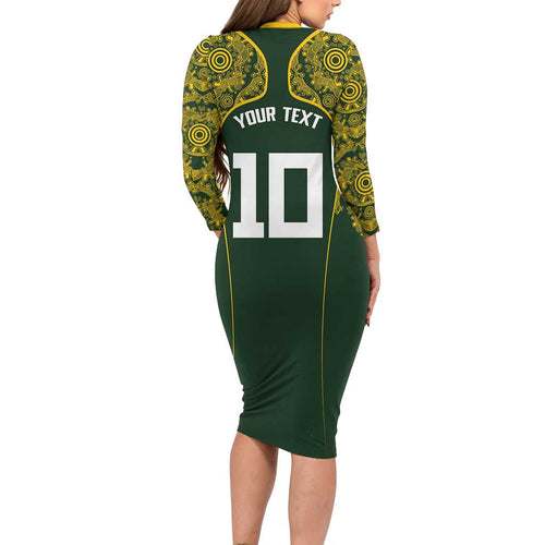 Australia Rugby Custom Long Sleeve Bodycon Dress Aboriginal Art Sporty Style - Aussie Hoodie