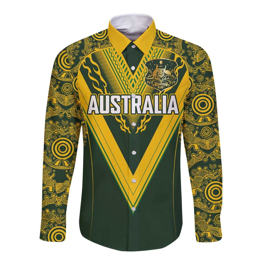 Australia Rugby Custom Long Sleeve Button Shirt Aboriginal Art Sporty Style - Aussie Hoodie