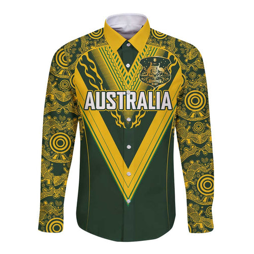 Australia Rugby Custom Long Sleeve Button Shirt Aboriginal Art Sporty Style - Aussie Hoodie