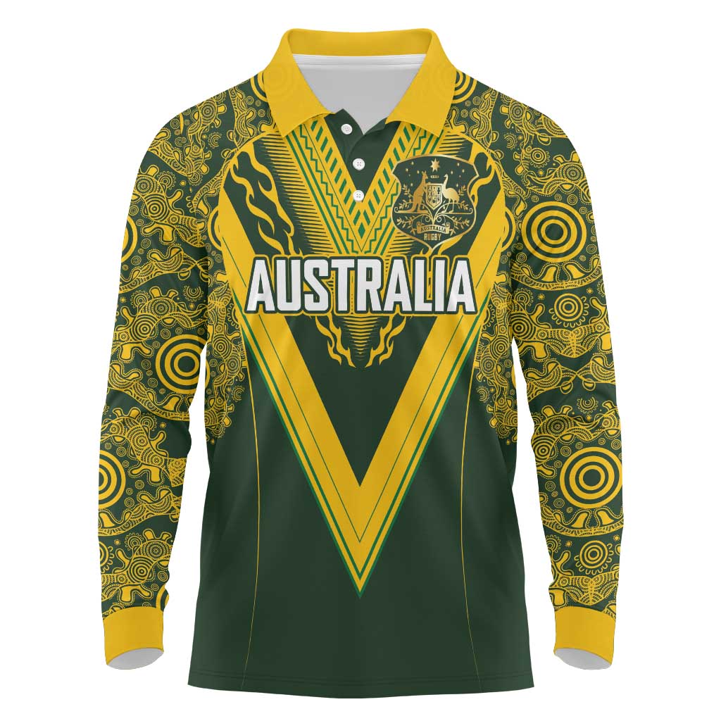 Australia Rugby Custom Long Sleeve Polo Shirt Aboriginal Art Sporty Style - Aussie Hoodie