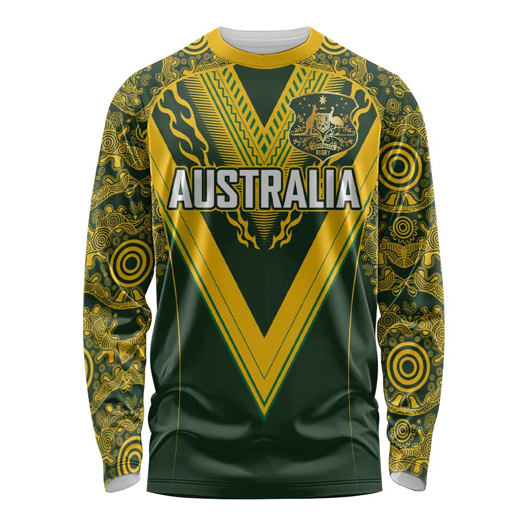 Australia Rugby Custom Long Sleeve Shirt Aboriginal Art Sporty Style - Aussie Hoodie