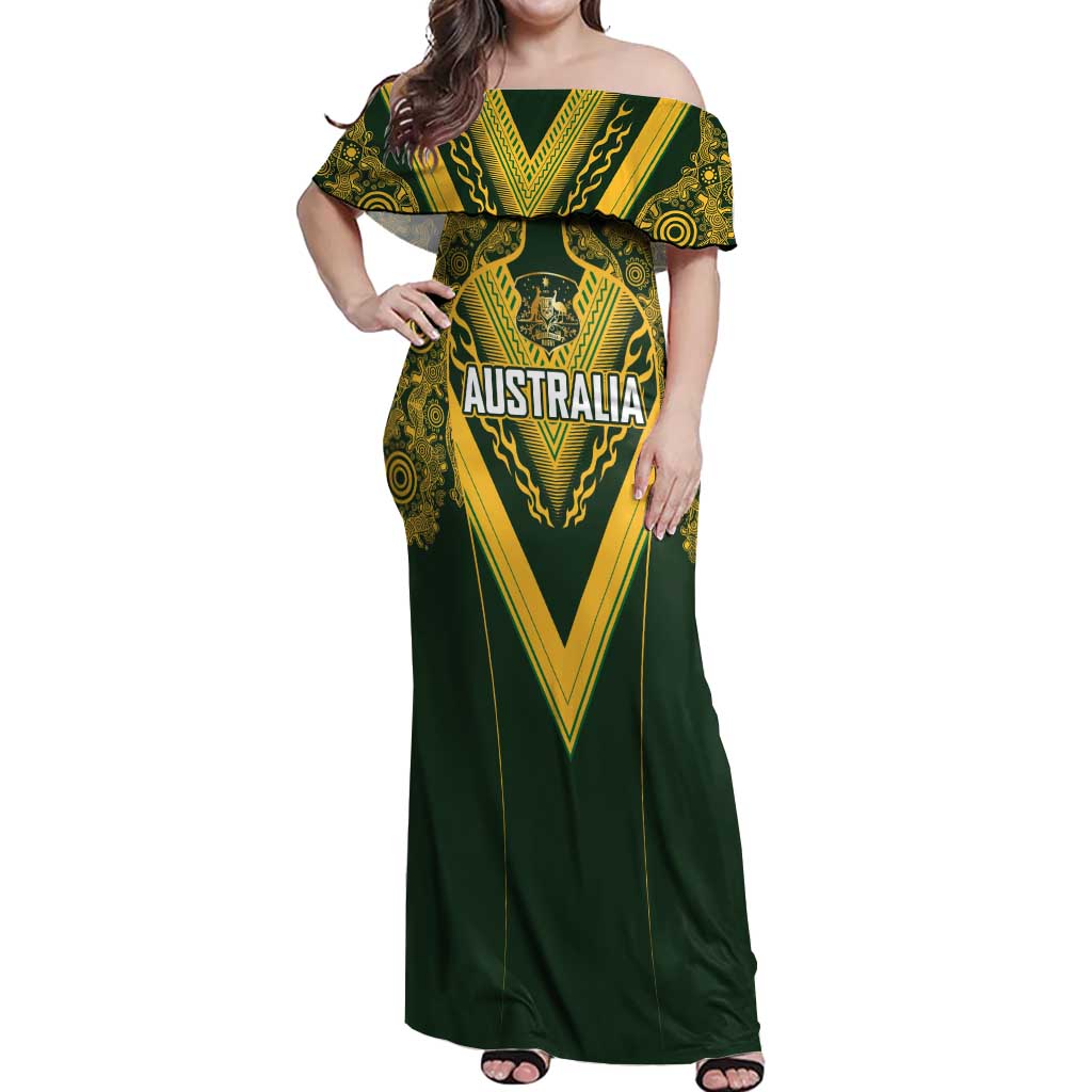 Australia Rugby Custom Off Shoulder Maxi Dress Aboriginal Art Sporty Style - Aussie Hoodie