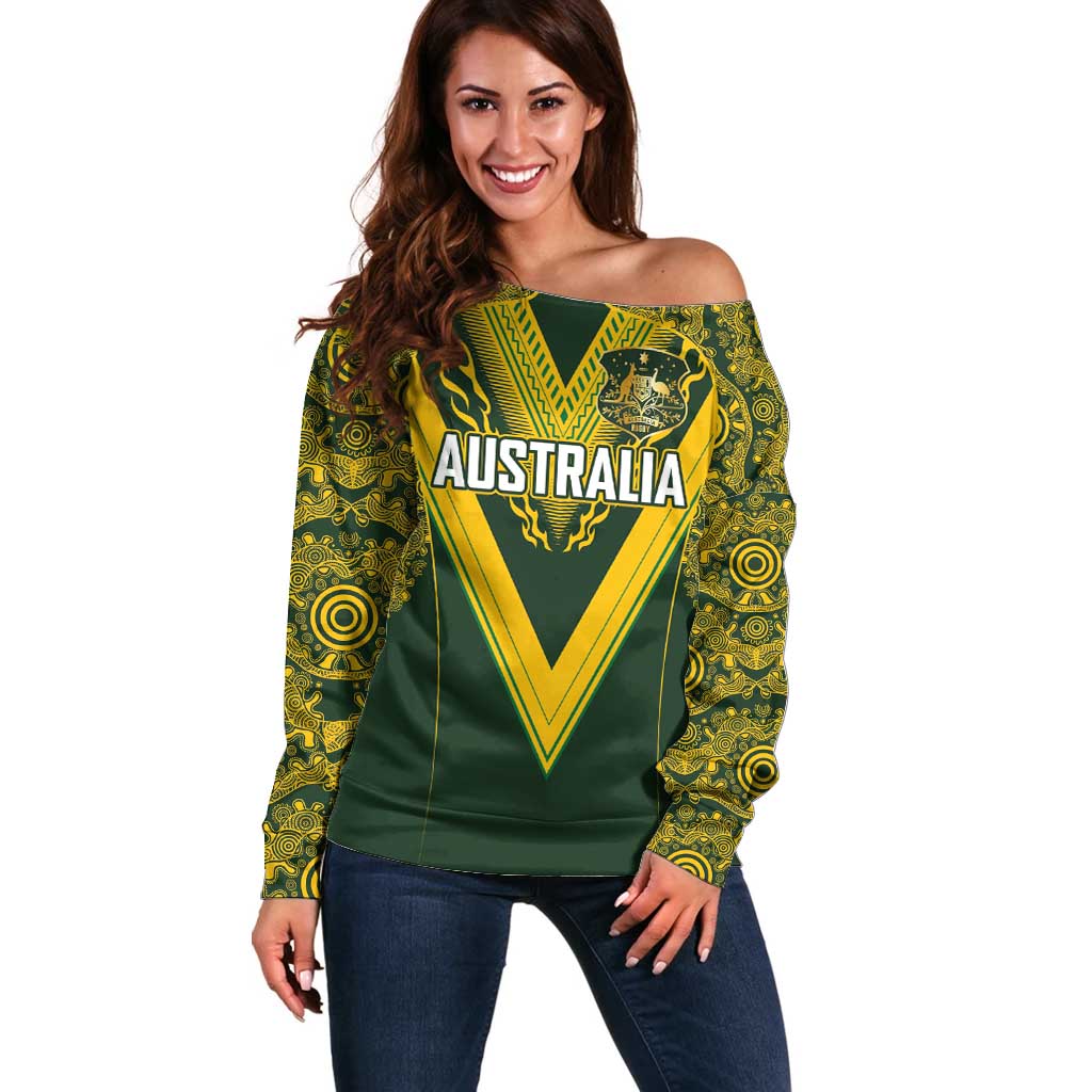 Australia Rugby Custom Off Shoulder Sweater Aboriginal Art Sporty Style - Aussie Hoodie