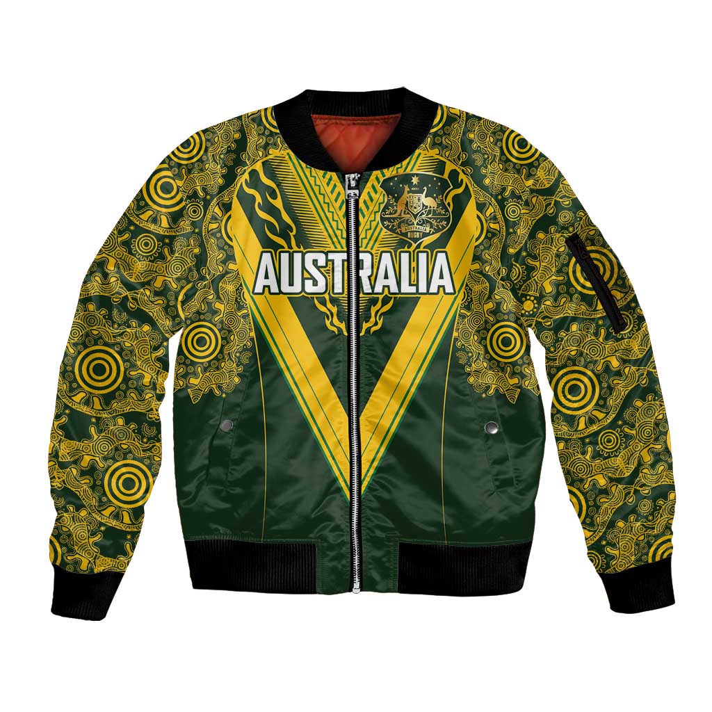 Australia Rugby Custom Sleeve Zip Bomber Jacket Aboriginal Art Sporty Style - Aussie Hoodie