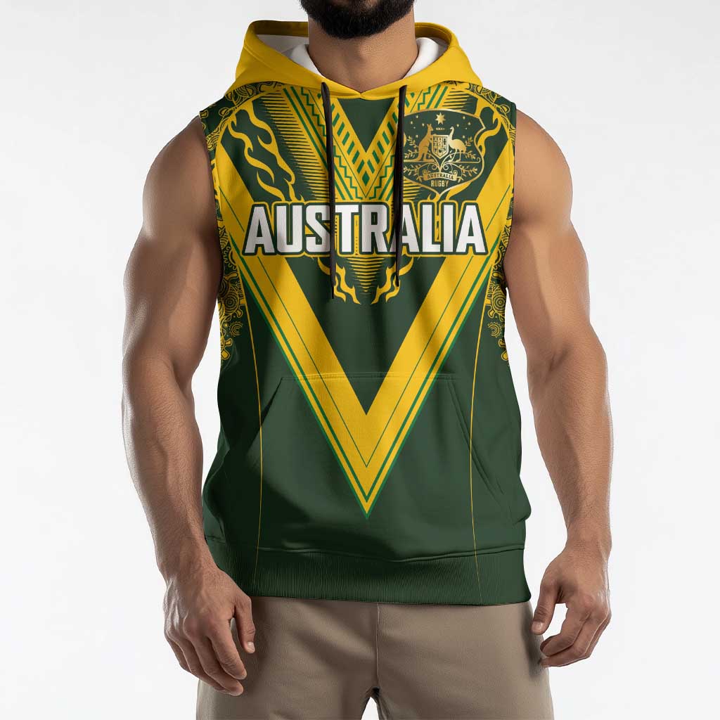 Australia Rugby Custom Sleeveless Hoodie Aboriginal Art Sporty Style - Aussie Hoodie
