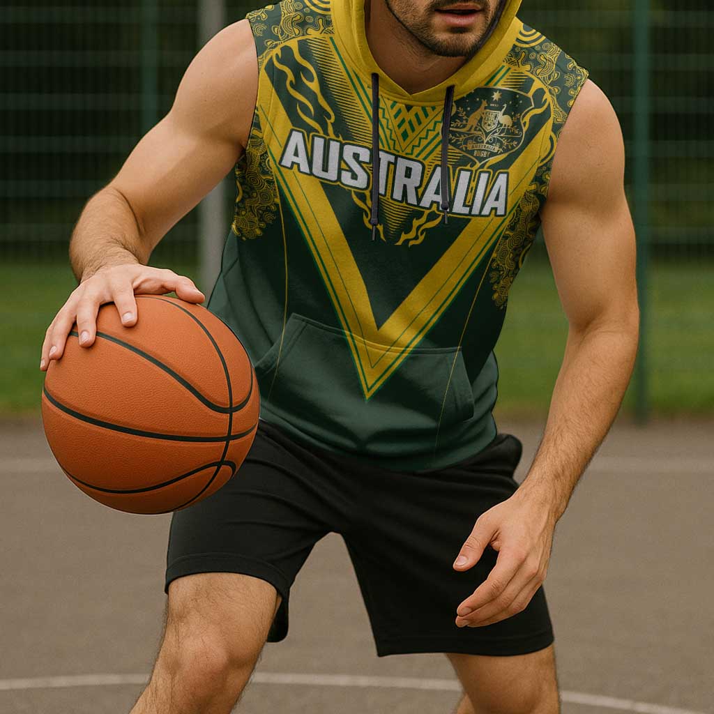 Australia Rugby Custom Sleeveless Hoodie Aboriginal Art Sporty Style - Aussie Hoodie