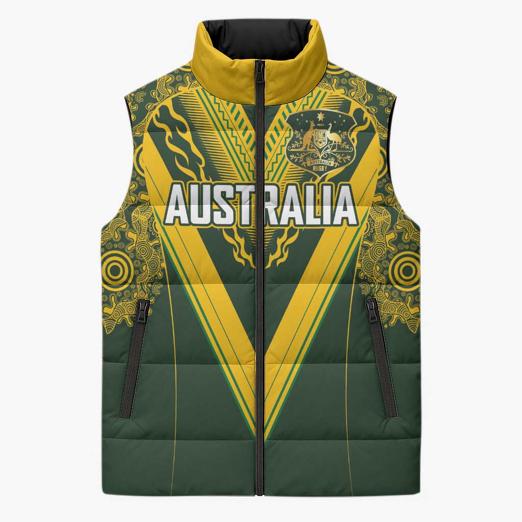 Australia Rugby Custom Sleeveless Puffer Jacket Aboriginal Art Sporty Style - Aussie Hoodie