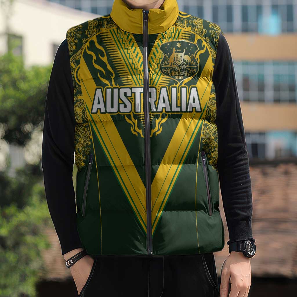 Australia Rugby Custom Sleeveless Puffer Jacket Aboriginal Art Sporty Style - Aussie Hoodie