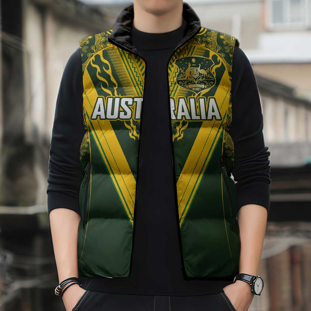 Australia Rugby Custom Sleeveless Puffer Jacket Aboriginal Art Sporty Style - Aussie Hoodie