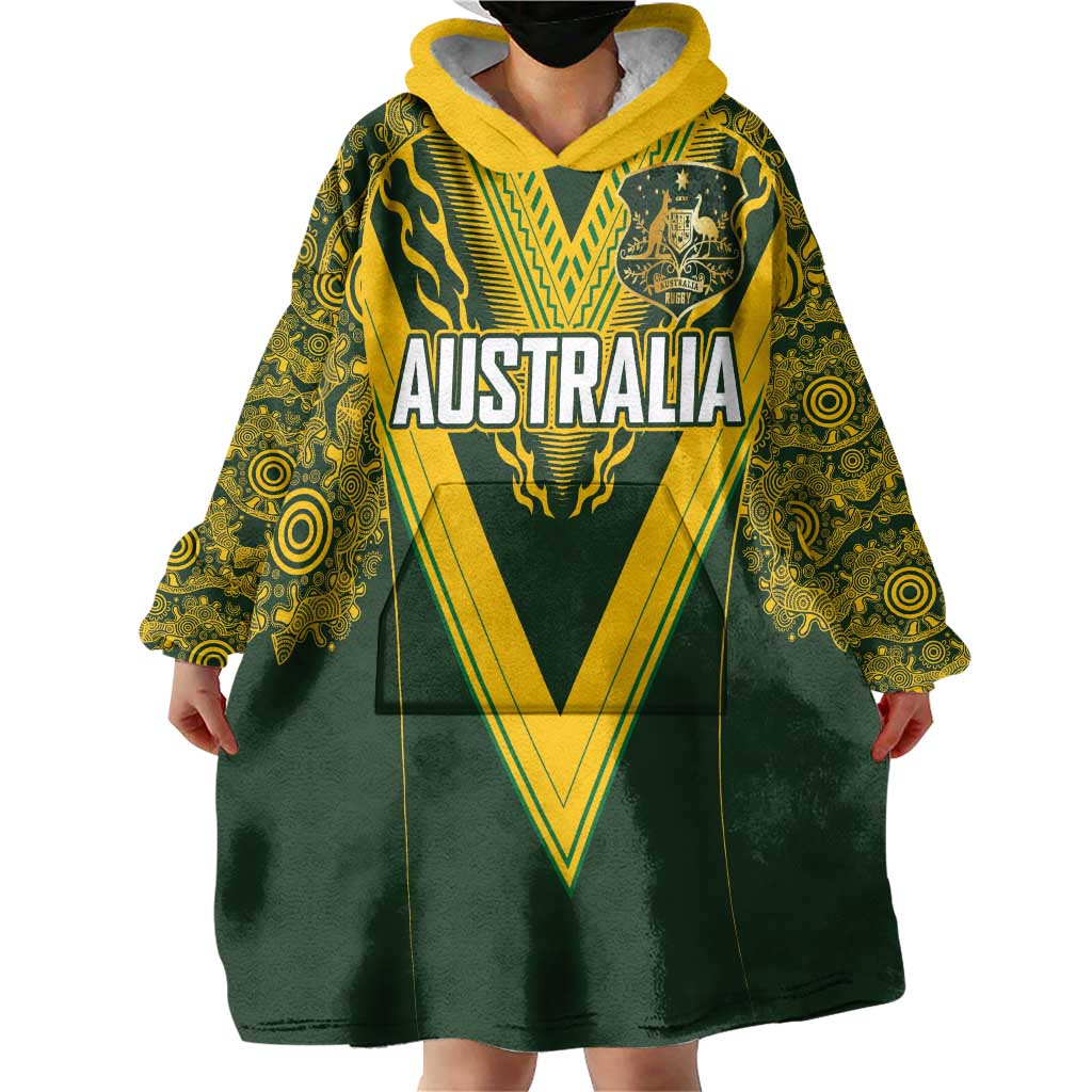 Australia Rugby Custom Wearable Blanket Hoodie Aboriginal Art Sporty Style - Aussie Hoodie