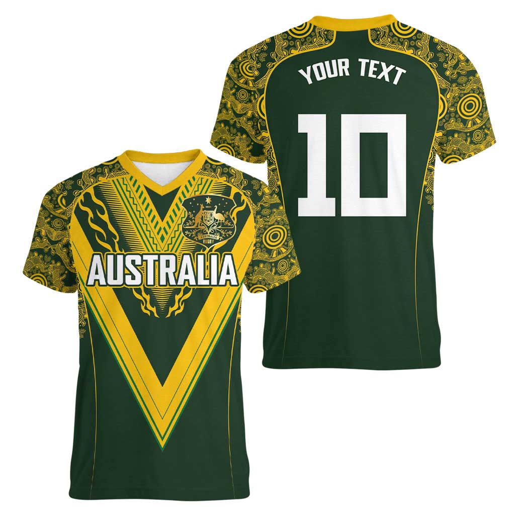 Australia Rugby Custom Women V-Neck T-Shirt Aboriginal Art Sporty Style - Aussie Hoodie
