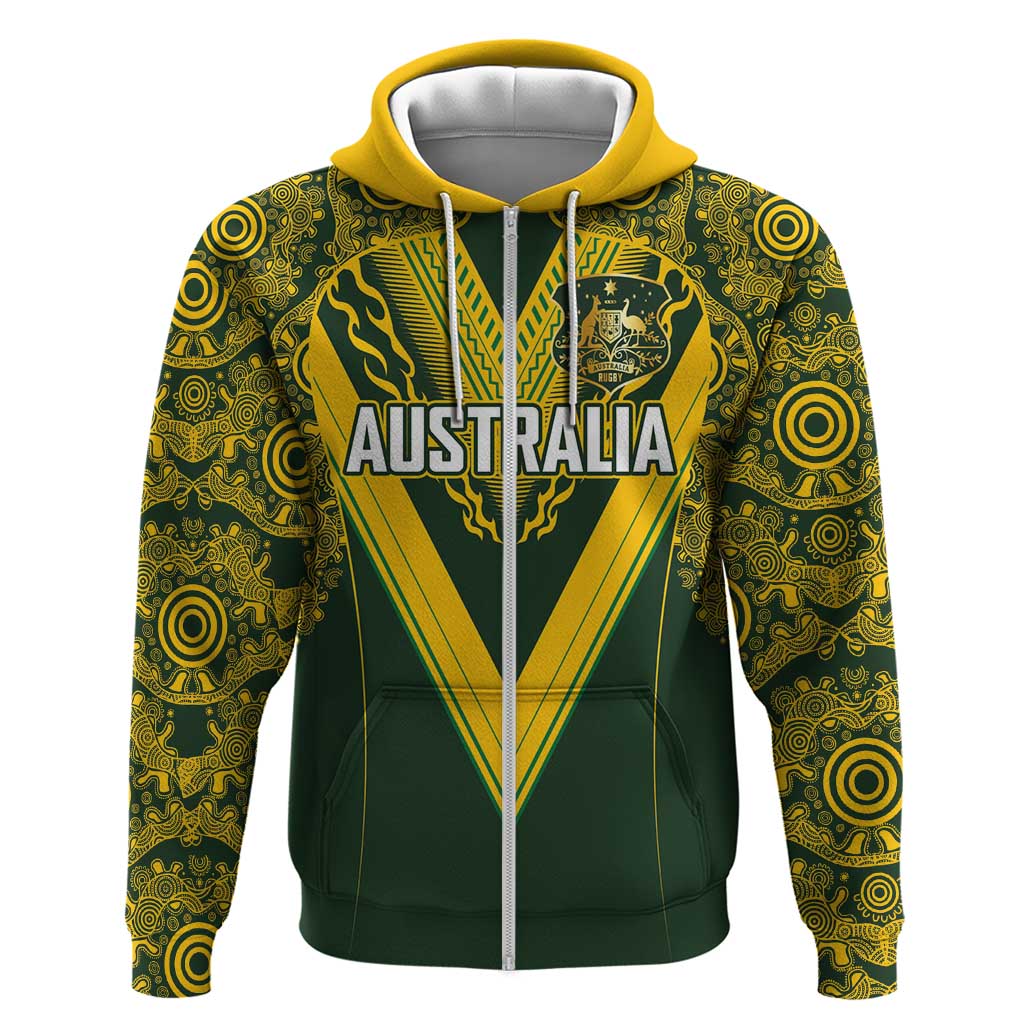 Australia Rugby Custom Zip Hoodie Aboriginal Art Sporty Style - Aussie Hoodie