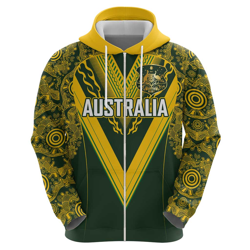 Australia Rugby Custom Zip Hoodie Aboriginal Art Sporty Style - Aussie Hoodie