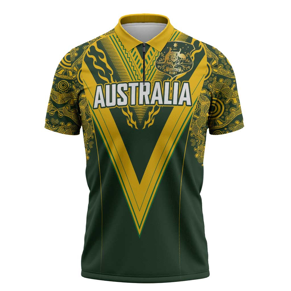 Australia Rugby Custom Zipper Polo Shirt Aboriginal Art Sporty Style - Aussie Hoodie