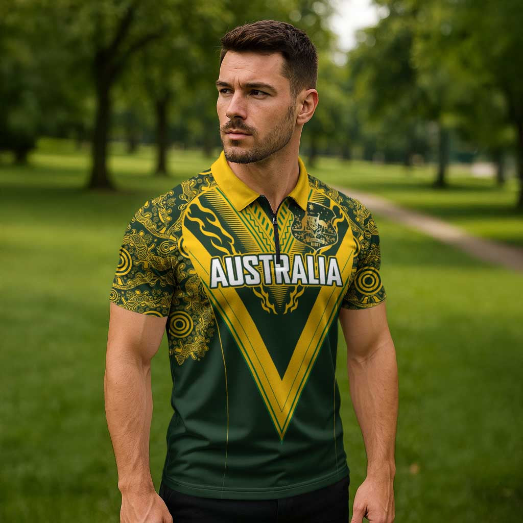 Australia Rugby Custom Zipper Polo Shirt Aboriginal Art Sporty Style - Aussie Hoodie